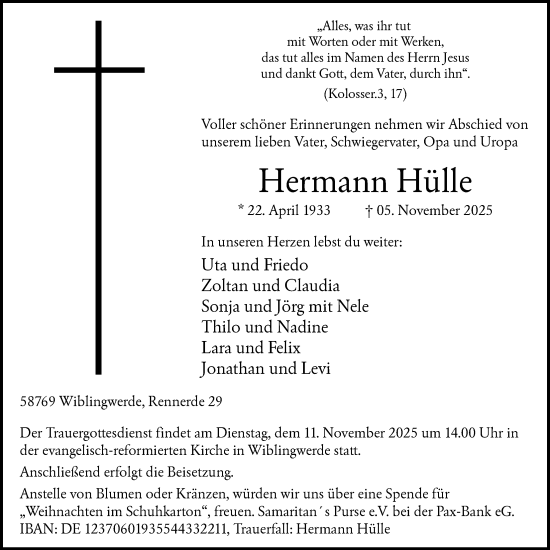 Traueranzeige von Hermann Hülle von HALN