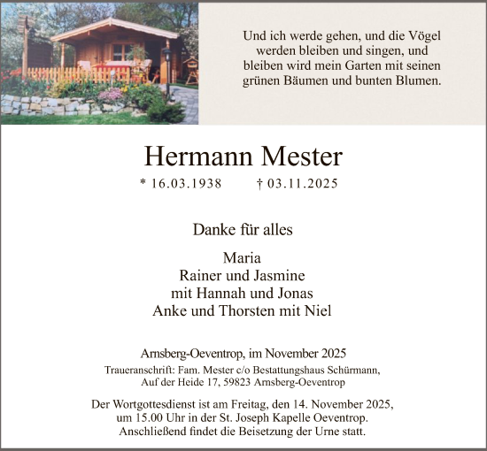 Traueranzeige von Hermann Mester von HASK