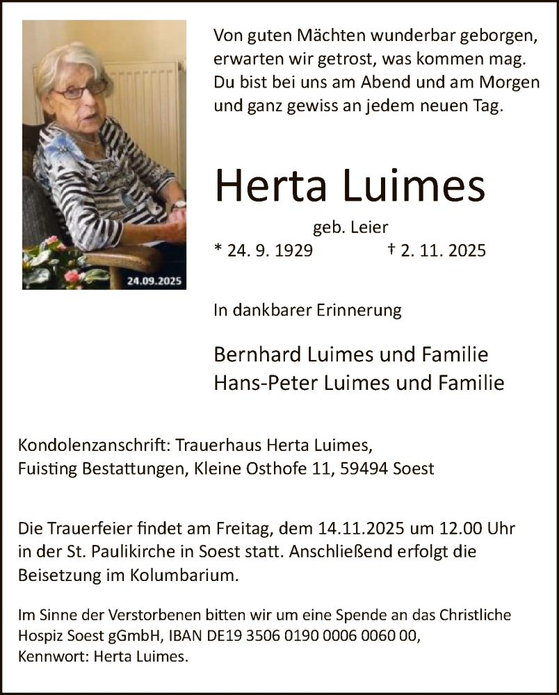  Traueranzeige für Herta Luimes vom 08.11.2025 aus HASO