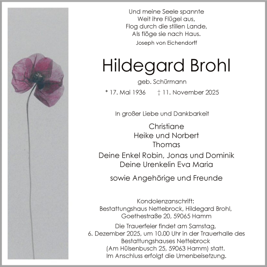 Traueranzeige von Hildegard Brohl von HAWA