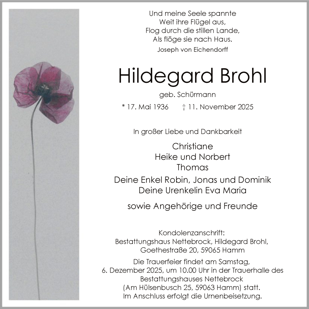  Traueranzeige für Hildegard Brohl vom 22.11.2025 aus HAWA