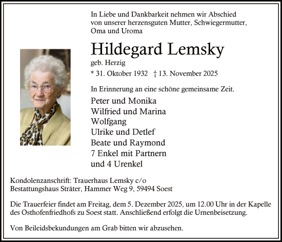 Traueranzeige von Hildegard Lemsky von HASO