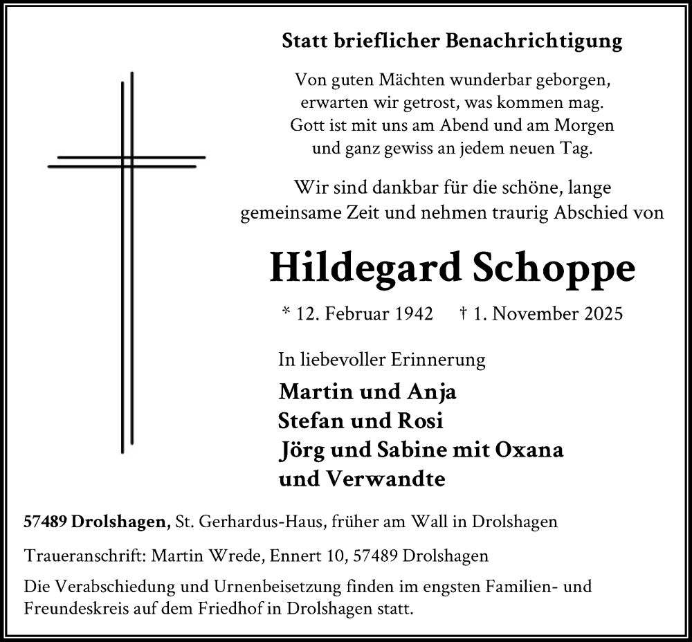  Traueranzeige für Hildegard Schoppe vom 08.11.2025 aus HASK
