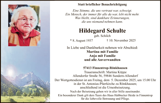 Traueranzeige von Hildegard Schulte von HASK