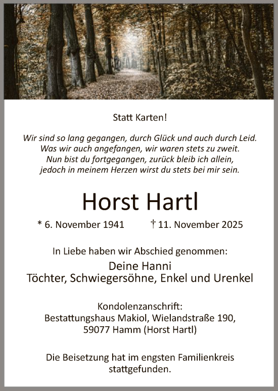 Traueranzeige von Horst Hartl von HAWA