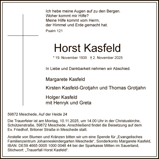 Traueranzeige von Horst Kasfeld von HASK
