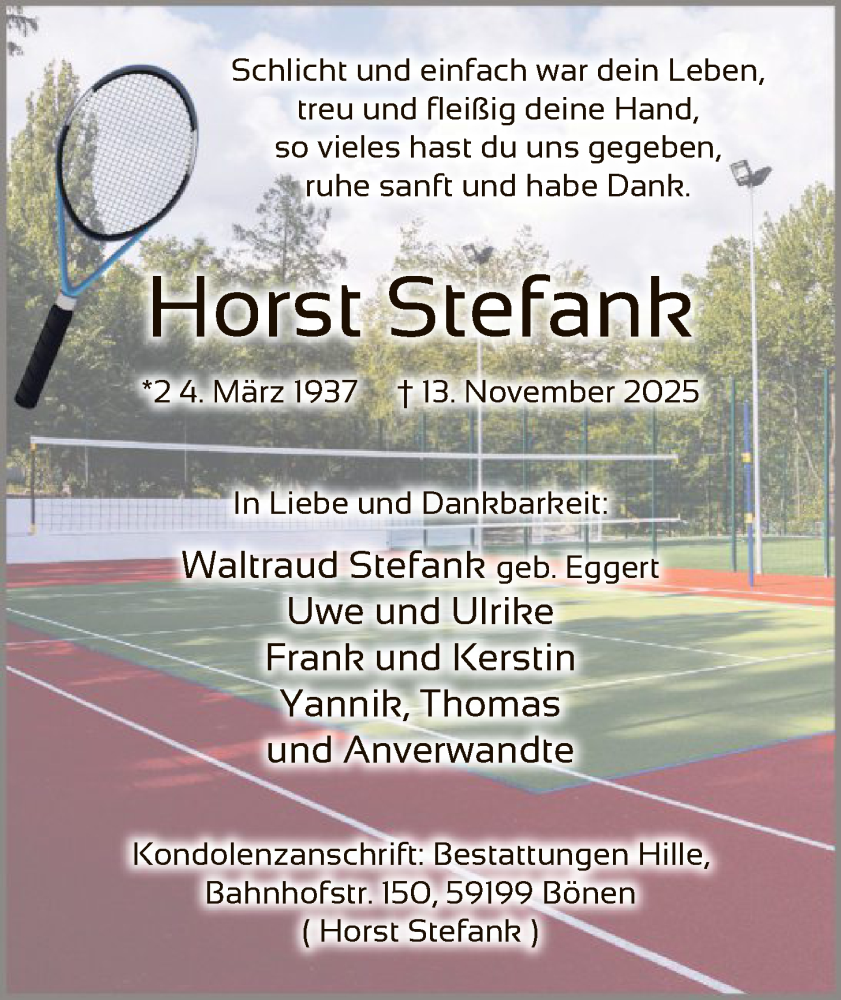  Traueranzeige für Horst Stefank vom 22.11.2025 aus HAWA