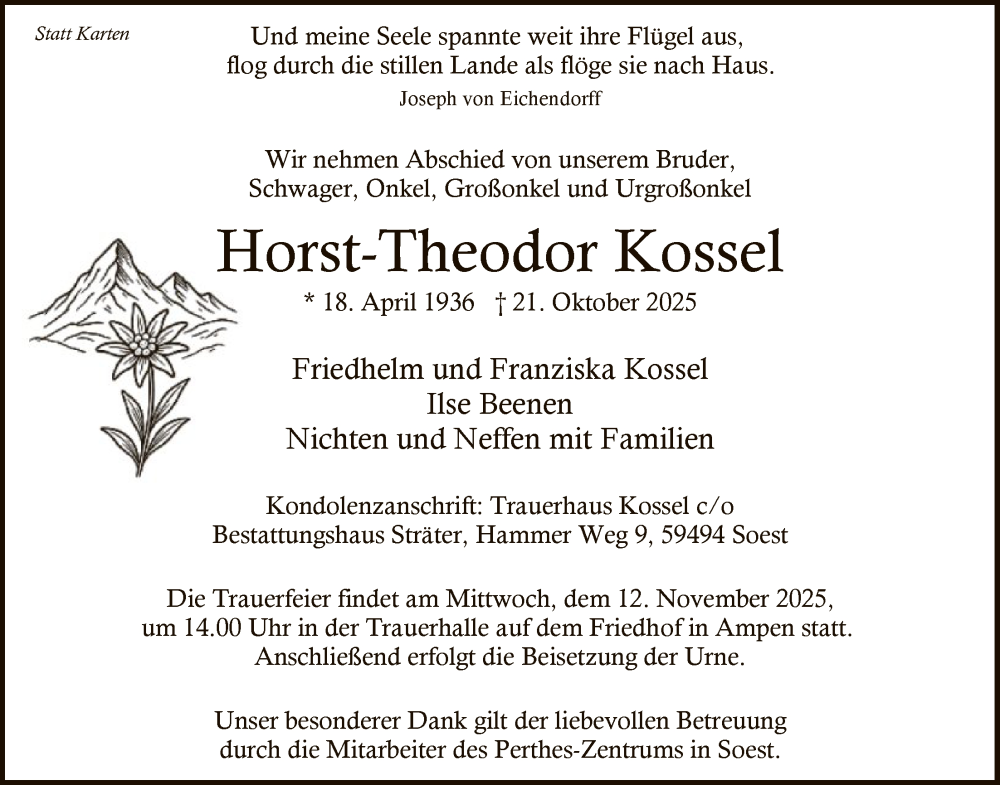  Traueranzeige für Horst-Theodor Kossel vom 05.11.2025 aus HASO