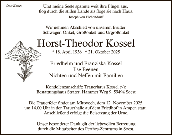 Traueranzeige von Horst-Theodor Kossel von HASO