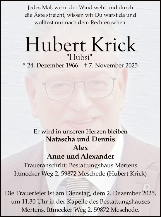 Traueranzeige von Hubert Krick von HASK