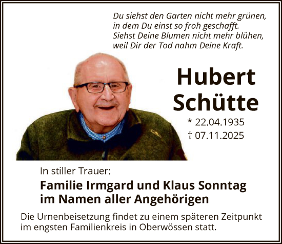 Traueranzeige von Hubert Schütte von HASK