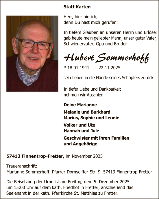 Traueranzeige von Hubert Sommerhoff von HASK