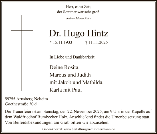 Traueranzeige von Hugo Hintz von HASK