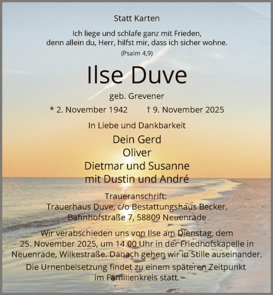 Traueranzeige von Ilse Duve von HALN