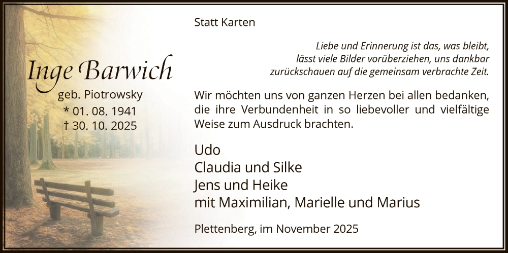  Traueranzeige für Inge Barwich vom 15.11.2025 aus HALN