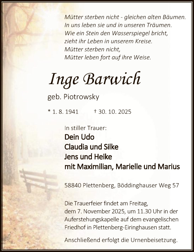  Traueranzeige für Inge Barwich vom 05.11.2025 aus HALN