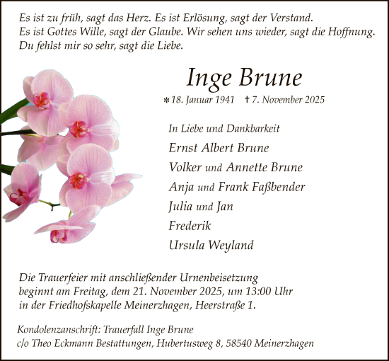 Traueranzeige von Inge Brune von HALN