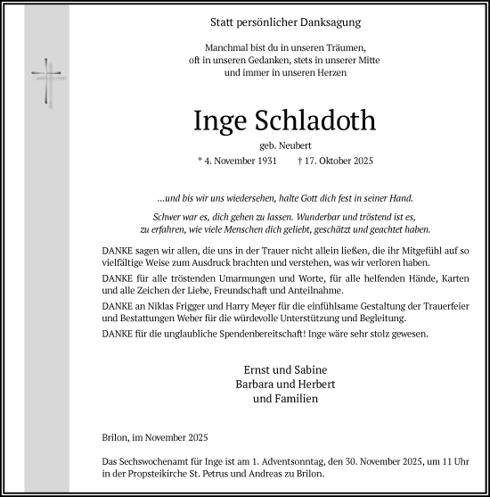 Traueranzeige von Inge Schladoth von HASK