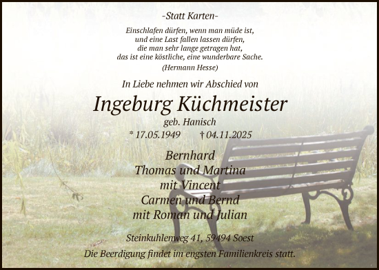 Traueranzeige von Ingeburg Küchmeister von HASO