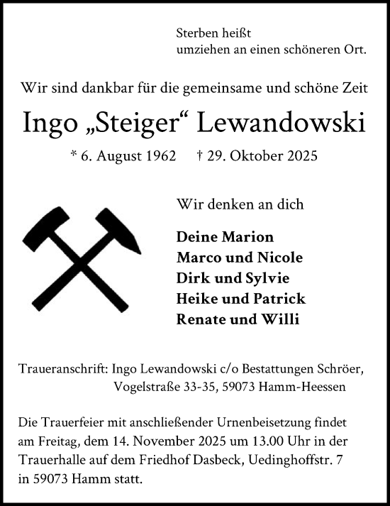 Traueranzeige von Ingo Lewandowski von HAWA