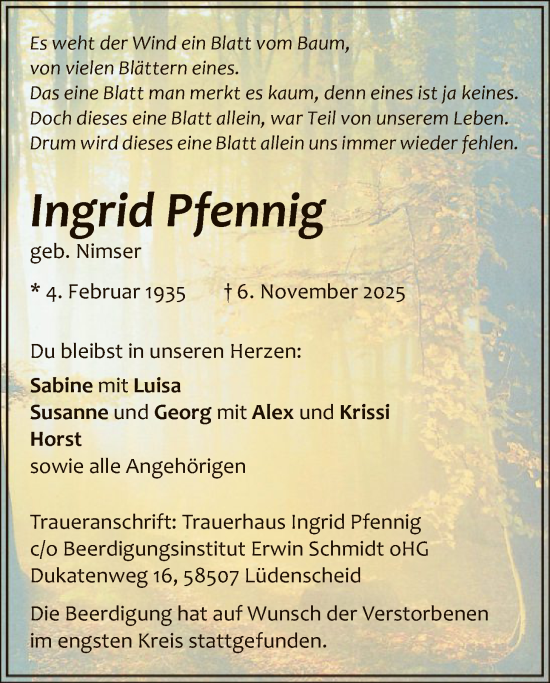 Traueranzeige von Ingrid Pfennig von HALN
