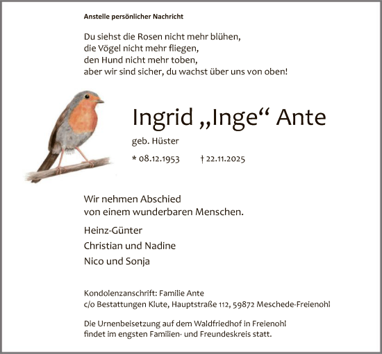 Traueranzeige von Ingrid „Inge“ Ante von HASK