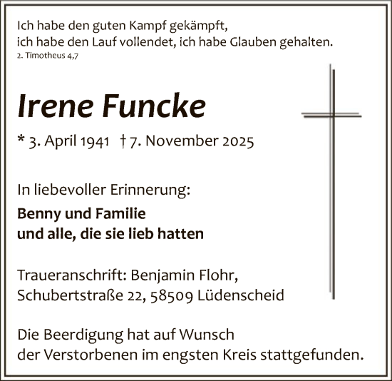 Traueranzeige von Irene Funcke von HALN
