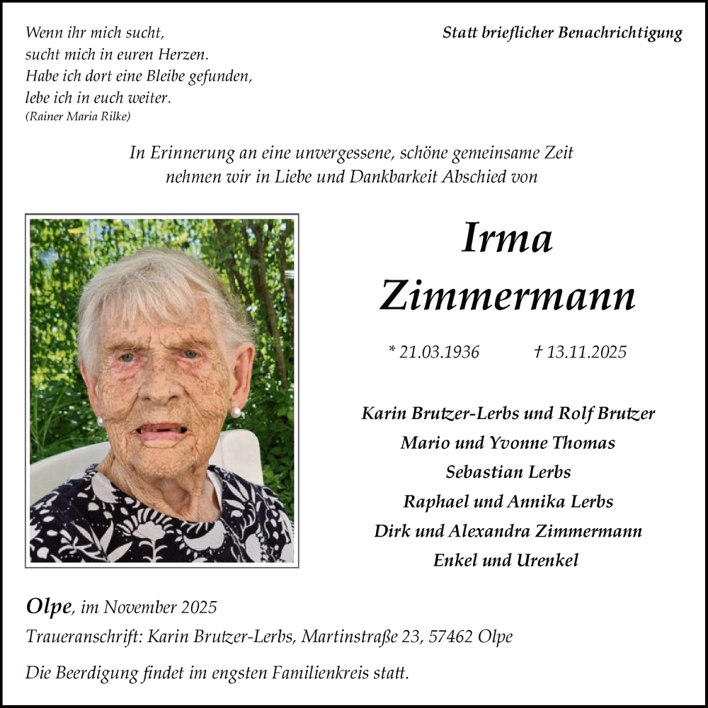  Traueranzeige für Irma Zimmermann vom 22.11.2025 aus HASK