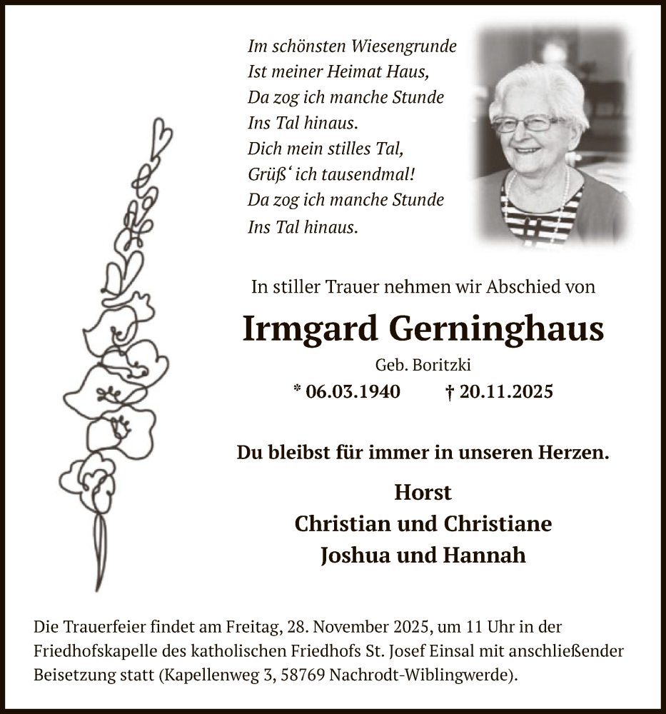 Traueranzeige für Irmgard Gerninghaus vom 25.11.2025 aus HALN