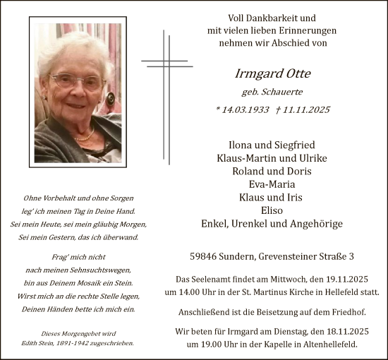 Traueranzeige von Irmgard Otte von HASK