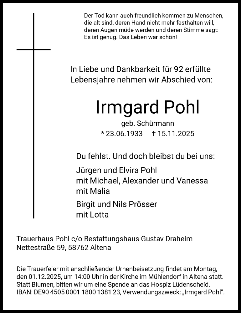  Traueranzeige für Irmgard Pohl vom 21.11.2025 aus HALN