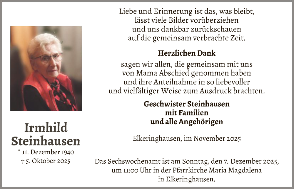  Traueranzeige für Irmhild Steinhausen vom 22.11.2025 aus HASK