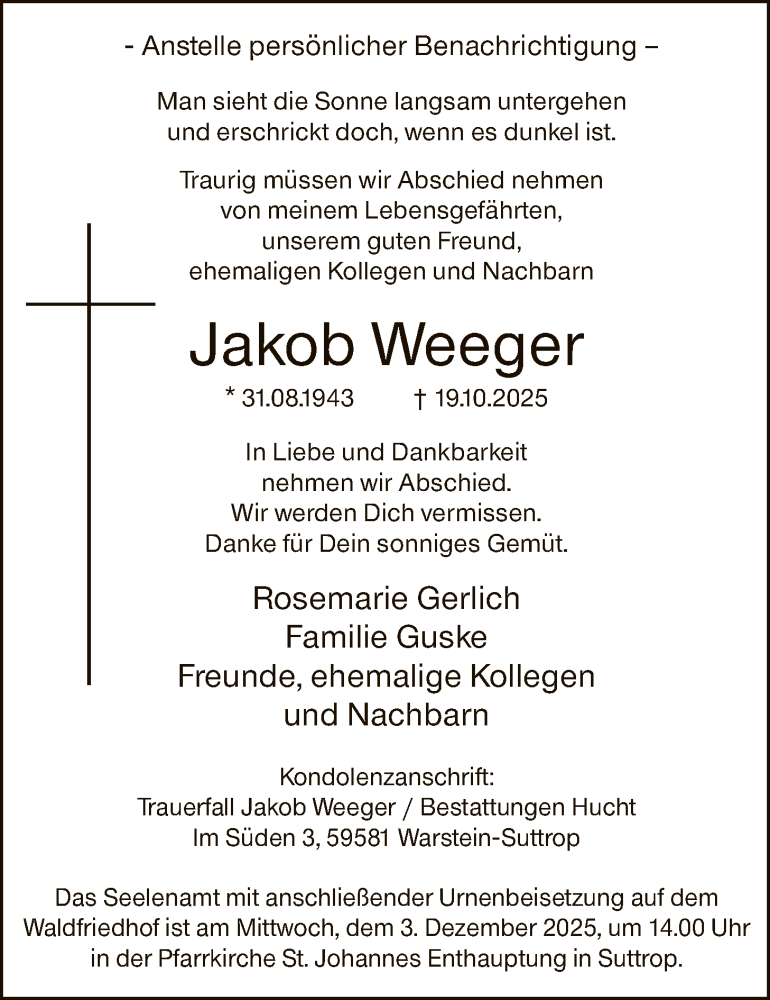  Traueranzeige für Jakob Weeger vom 29.11.2025 aus HASO