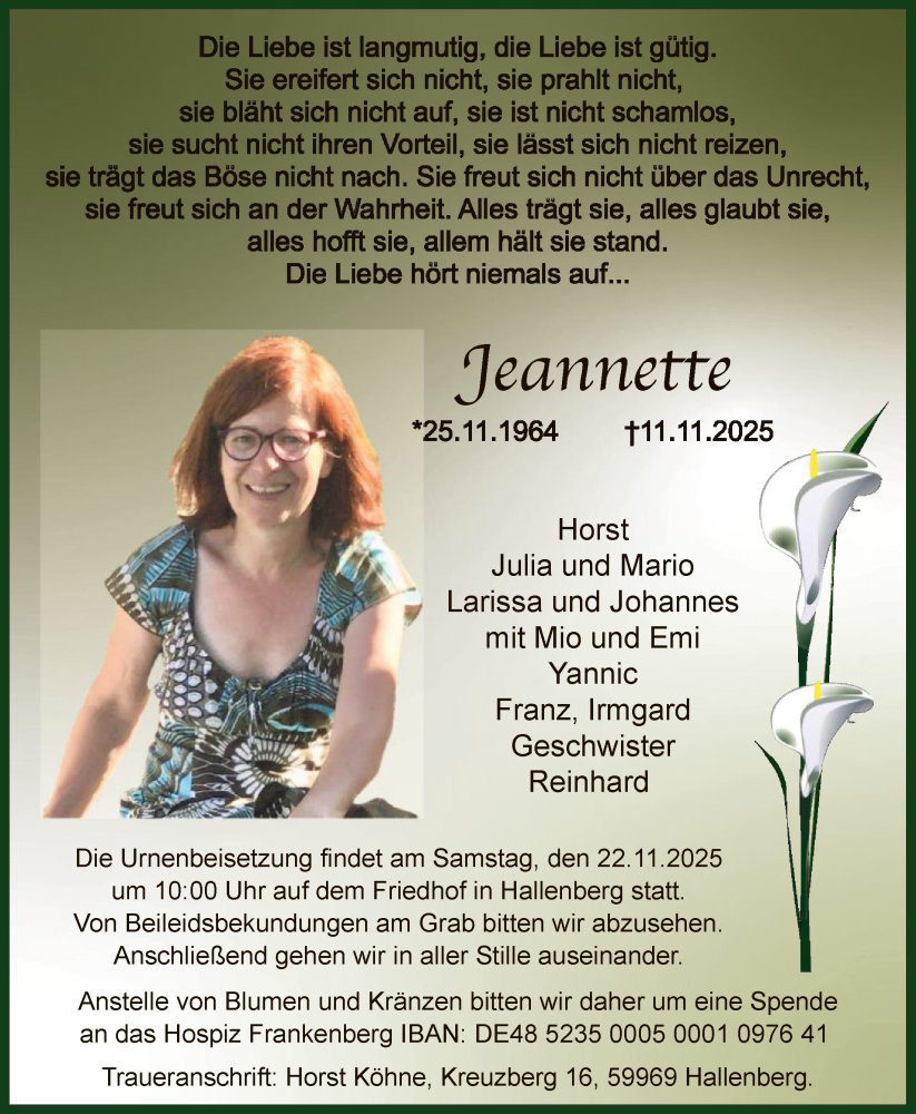  Traueranzeige für Jeannette Köhne vom 15.11.2025 aus HASK