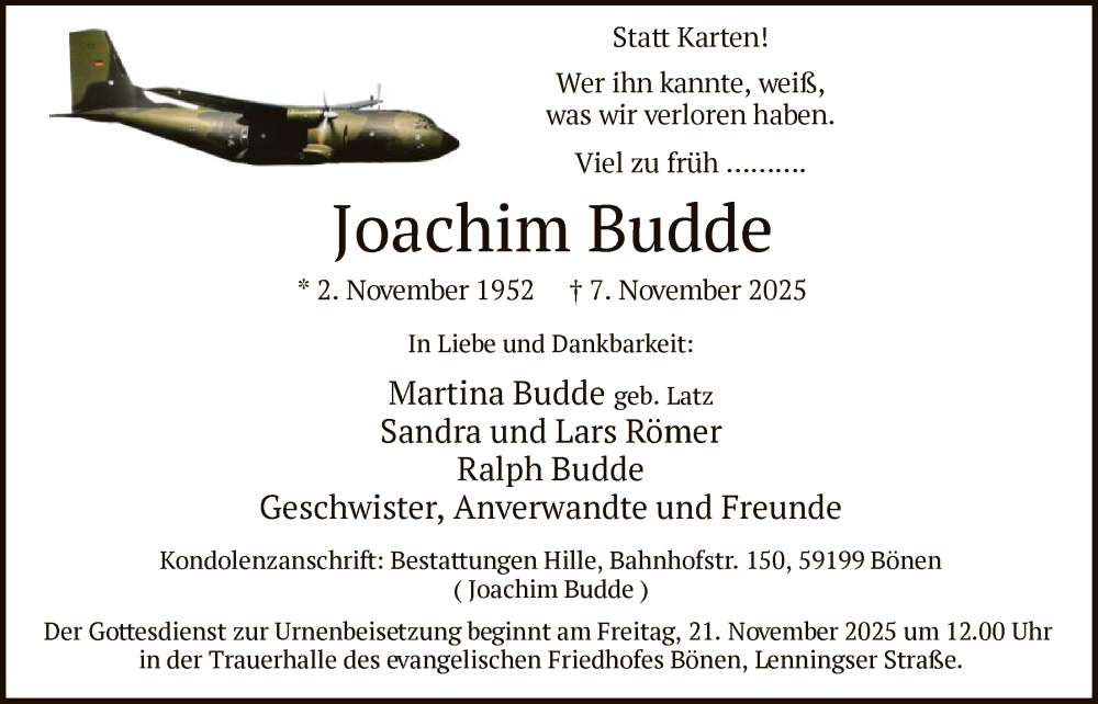  Traueranzeige für Joachim Budde vom 15.11.2025 aus HAWA