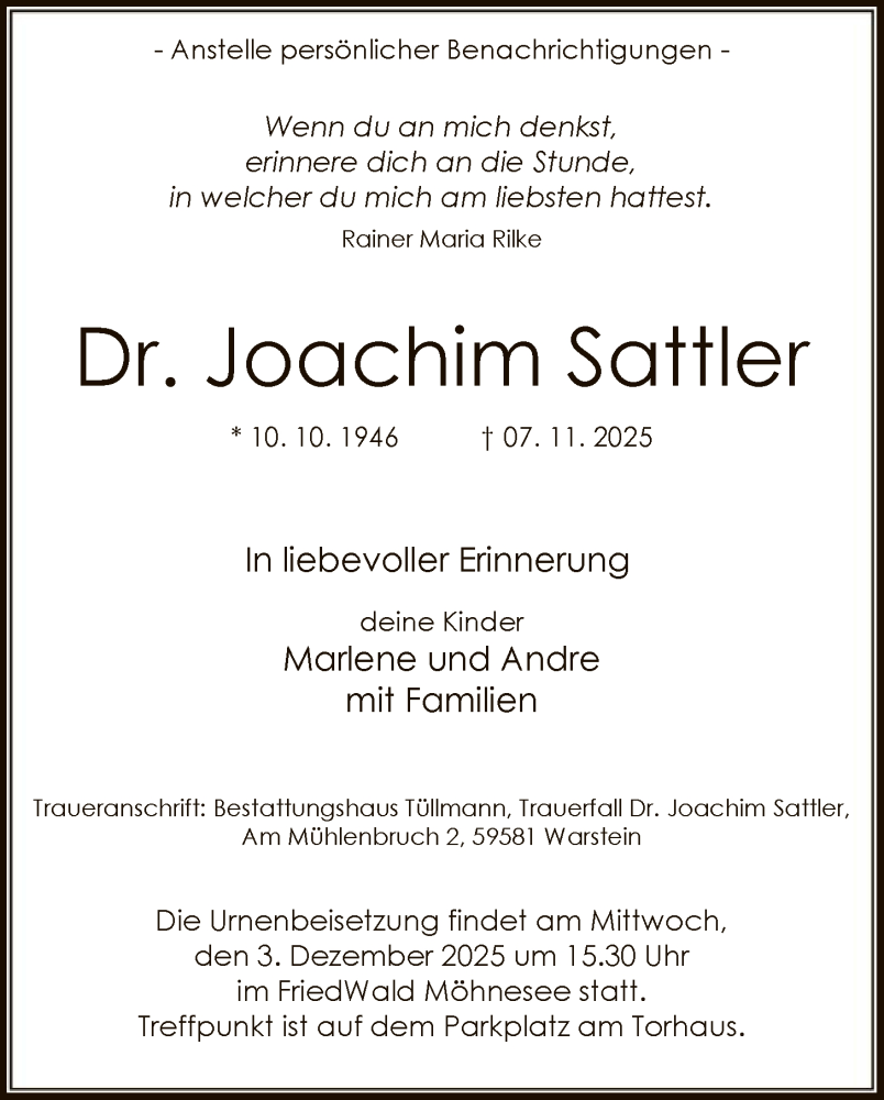  Traueranzeige für Joachim Sattler vom 15.11.2025 aus HASOHASK
