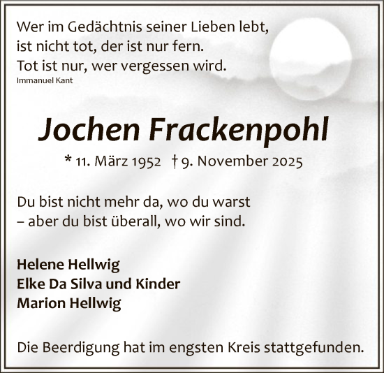 Traueranzeige von Jochen Frackenpohl von HALN
