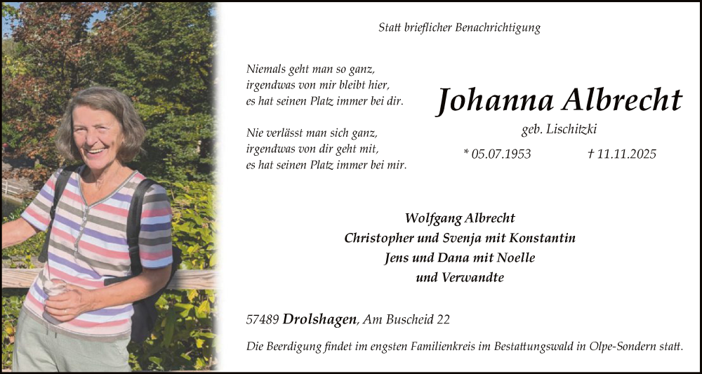  Traueranzeige für Johanna Albrecht vom 15.11.2025 aus HASK