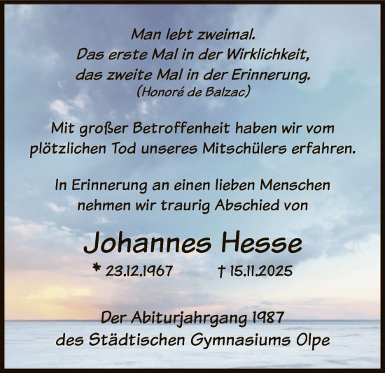 Traueranzeige von Johannes Hesse von HASK
