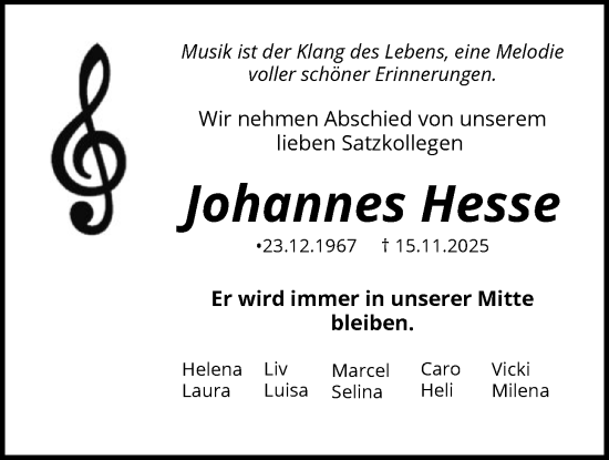 Traueranzeige von Johannes Hesse von HASK