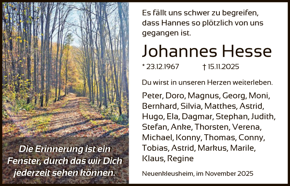  Traueranzeige für Johannes Hesse vom 29.11.2025 aus HASK