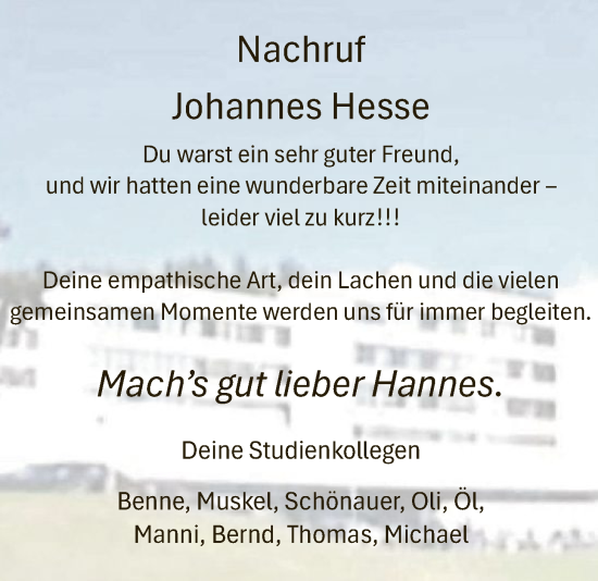 Traueranzeige von Johannes Hesse von HASK