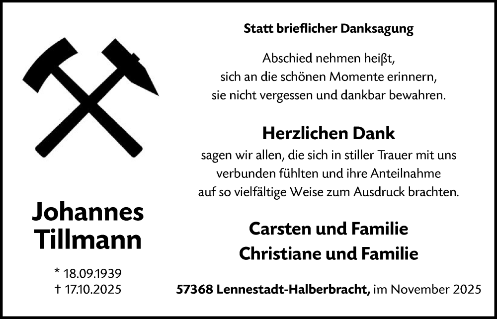  Traueranzeige für Johannes Tillmann vom 22.11.2025 aus HASK