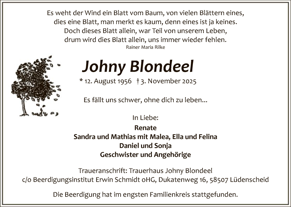  Traueranzeige für Johny Blondeel vom 15.11.2025 aus HALN
