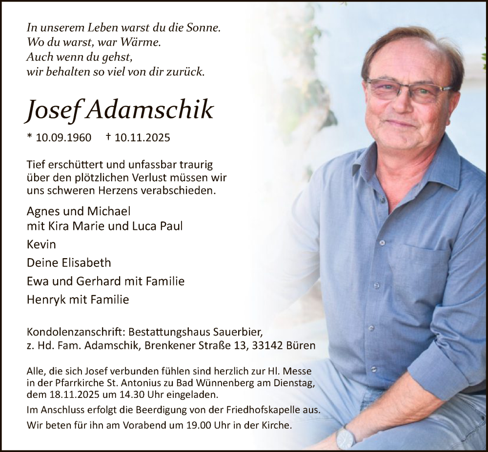  Traueranzeige für Josef Adamschik vom 15.11.2025 aus HASK