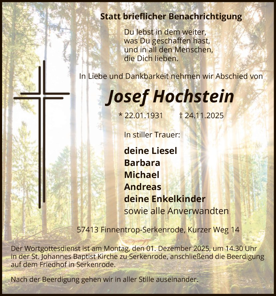  Traueranzeige für Josef Hochstein vom 29.11.2025 aus HASK