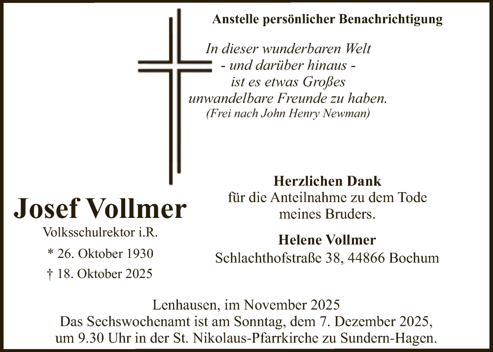  Traueranzeige für Josef Vollmer vom 29.11.2025 aus HASK