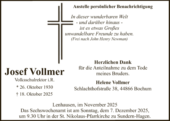 Traueranzeige von Josef Vollmer von HASK