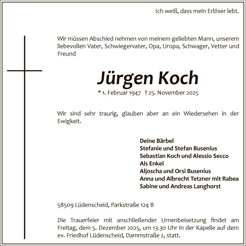  Traueranzeige für Jürgen Koch vom 29.11.2025 aus HALN