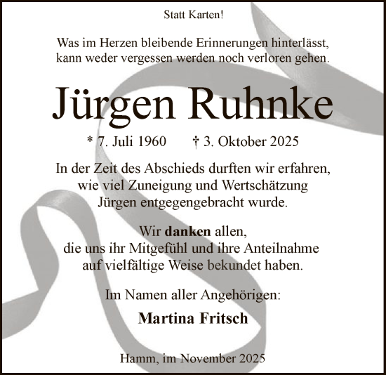 Traueranzeige von Jürgen Ruhnke von HAWA